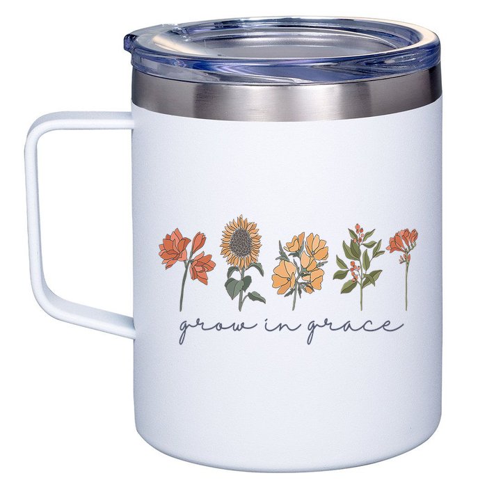 Grow In Grace Wildflower Boho Christian Scripture Religious 12oz Stainless Steel Coffee Mug