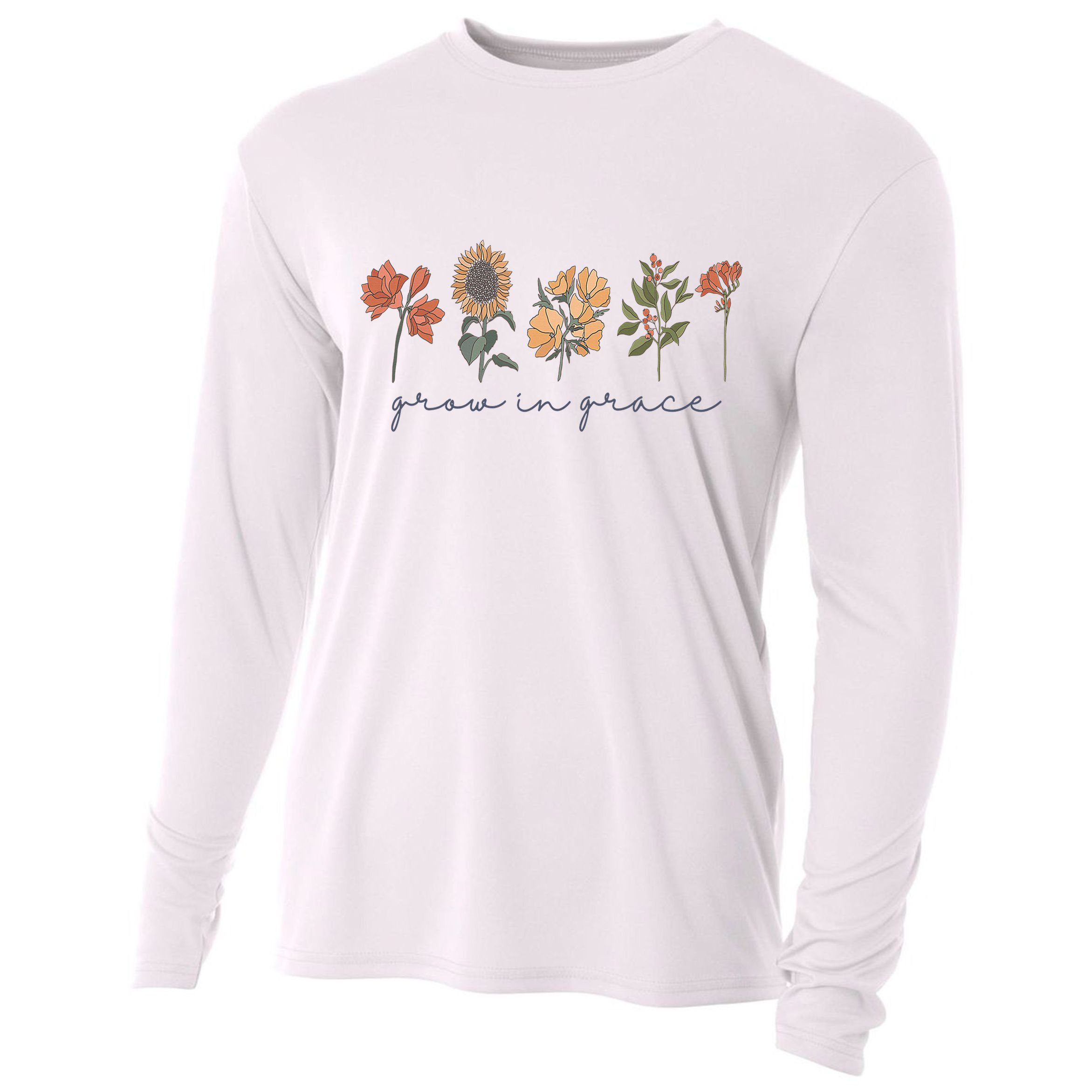 Grow In Grace Wildflower Boho Christian Scripture Religious Cooling Performance Long Sleeve Crew