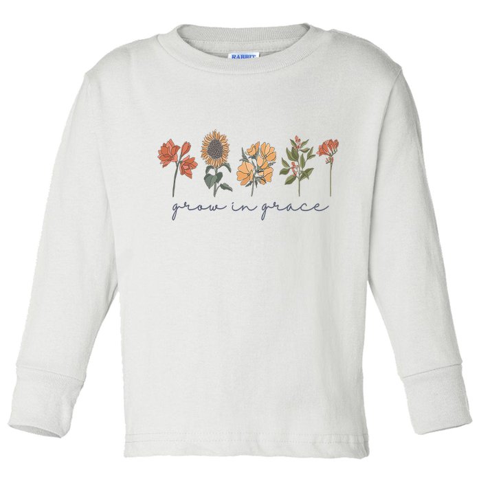 Grow In Grace Wildflower Boho Christian Scripture Religious Toddler Long Sleeve Shirt