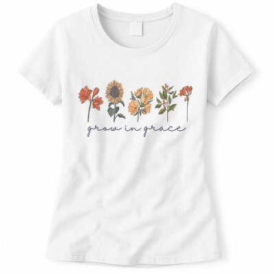 Grow In Grace Wildflower Boho Christian Scripture Religious Womens T-Shirt