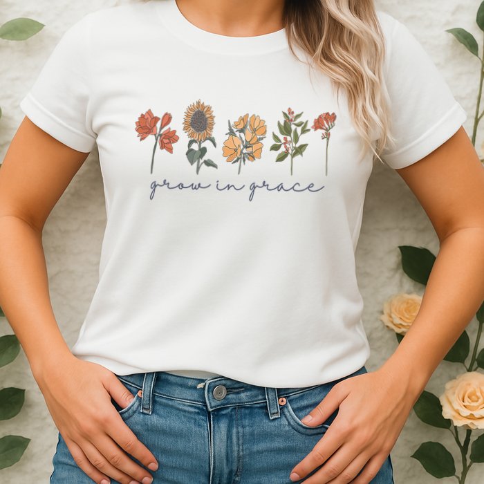 Grow In Grace Wildflower Boho Christian Scripture Religious Womens T-Shirt