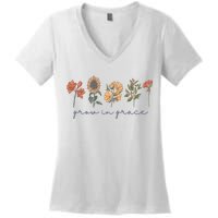 Grow In Grace Wildflower Boho Christian Scripture Religious Women's V-Neck T-Shirt