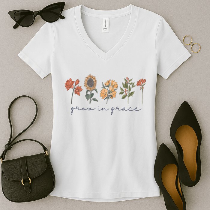 Grow In Grace Wildflower Boho Christian Scripture Religious Women's V-Neck T-Shirt