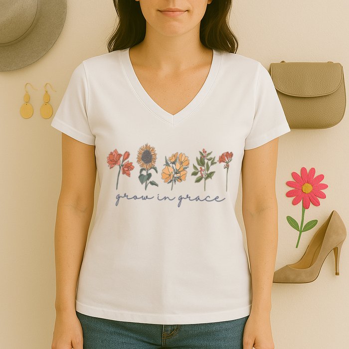 Grow In Grace Wildflower Boho Christian Scripture Religious Women's V-Neck T-Shirt