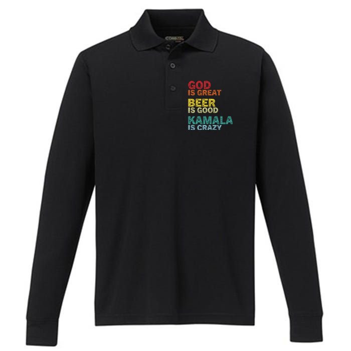 God Is Great Beer Is Good And Kamala Are Crazy Funny Trump Performance Long Sleeve Polo