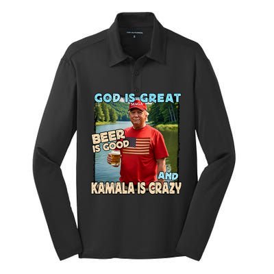 God Is Great Beer Is Good And Kamala Are Crazy Funny Trump Silk Touch Performance Long Sleeve Polo