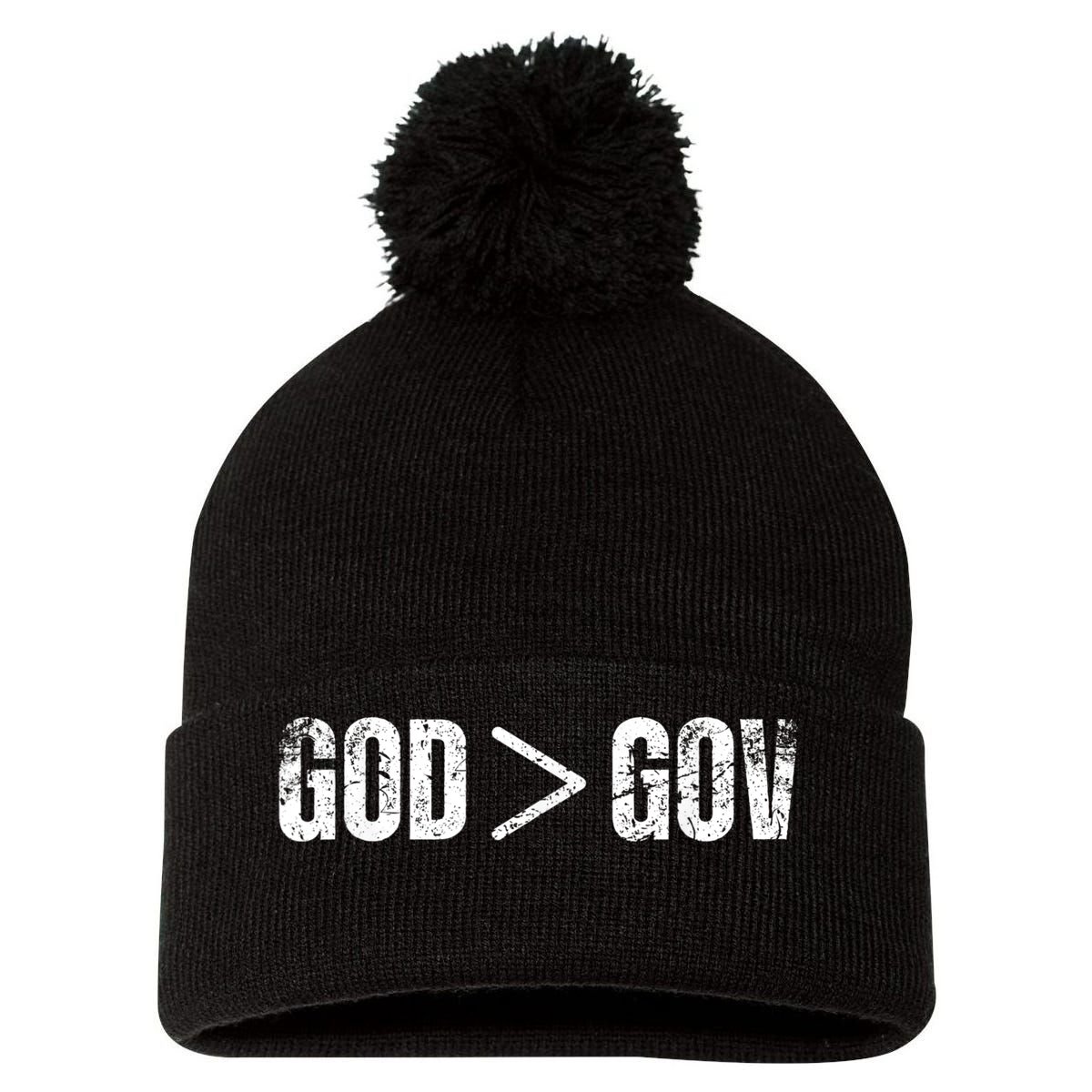God Is Greater Than Gov Vintage Distressed Anti Government Pom Pom 12in Knit Beanie