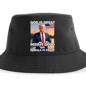 God Is Great Beer Is Good And Kamala Are Crazy Funny Trump Sustainable Bucket Hat