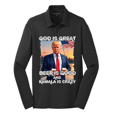 God Is Great Beer Is Good And Kamala Are Crazy Funny Trump Silk Touch Performance Long Sleeve Polo