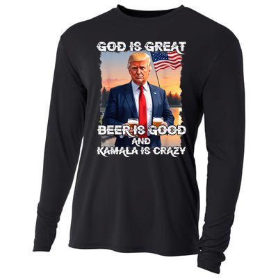 God Is Great Beer Is Good And Kamala Are Crazy Funny Trump Cooling Performance Long Sleeve Crew