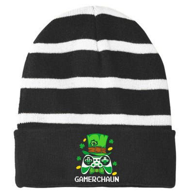 Gamer Irish Games Funny Saint Patrick Day Gamer Gift Love Striped Beanie with Solid Band