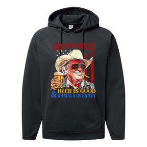 God Is Great Beer Is Good And Kamala Are Crazy Funny Quote Performance Fleece Hoodie