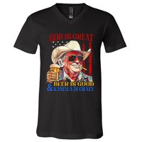 God Is Great Beer Is Good And Kamala Are Crazy Funny Quote V-Neck T-Shirt