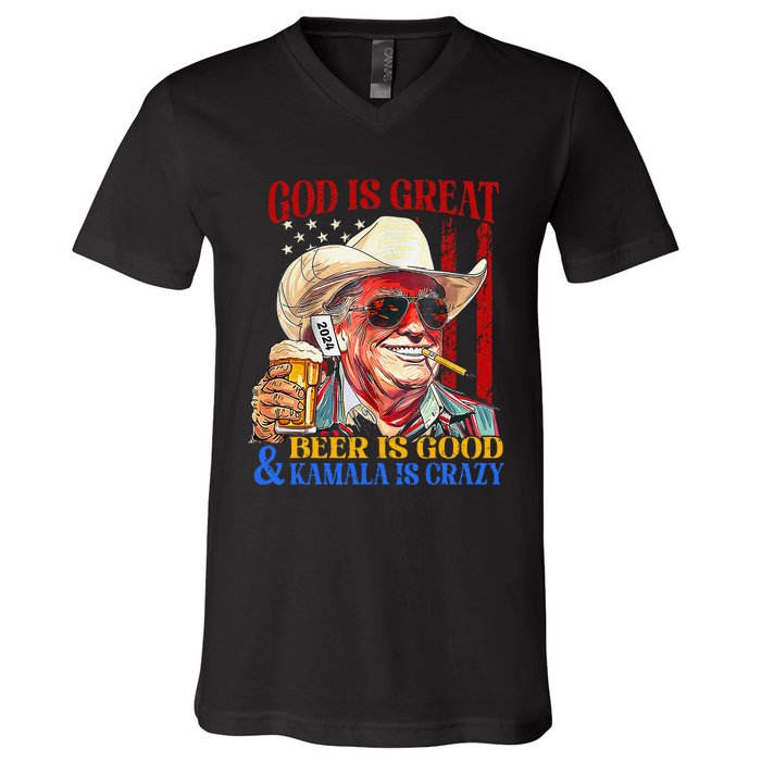 God Is Great Beer Is Good And Kamala Are Crazy Funny Quote V-Neck T-Shirt