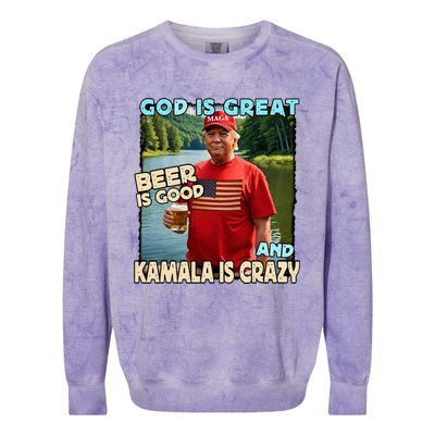 God Is Great Beer Is Good And Kamala Are Crazy Funny Trump Colorblast Crewneck Sweatshirt