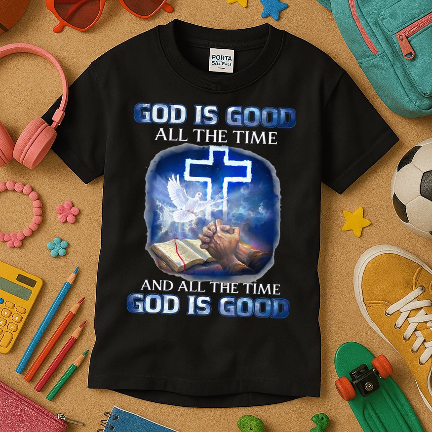 God Is Good All The Time Christian Cross Jesus Quote Kids T-Shirt