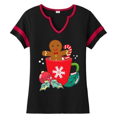 Gingerbread In Hot Cocoa Mug Christmas Holiday Fun Costume Ladies Halftime Notch Neck Tee