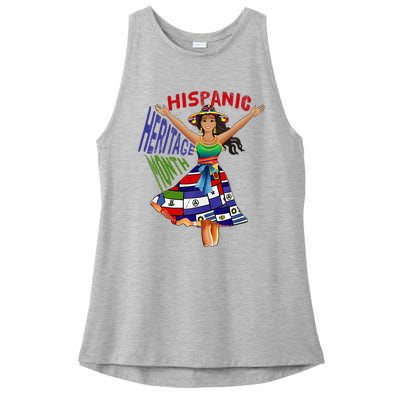 Girl In Hispanic Heritage Month Dress Flags Latino Ladies PosiCharge Tri-Blend Wicking Tank