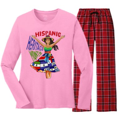 Girl In Hispanic Heritage Month Dress Flags Latino Women's Long Sleeve Flannel Pajama Set 