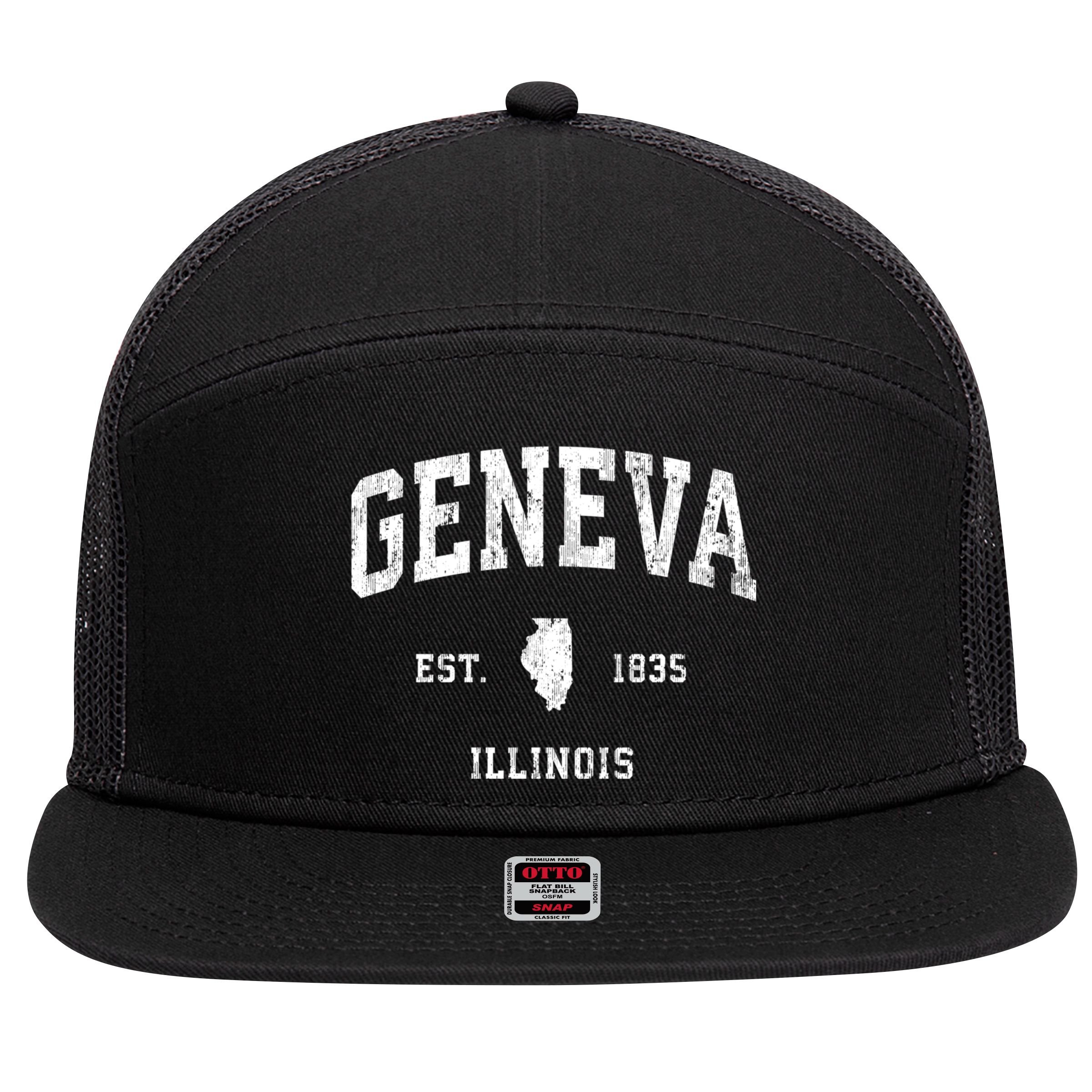 Geneva Illinois Il Vintage Athletic Black Sports Design 7 Panel Mesh Trucker Snapback Hat