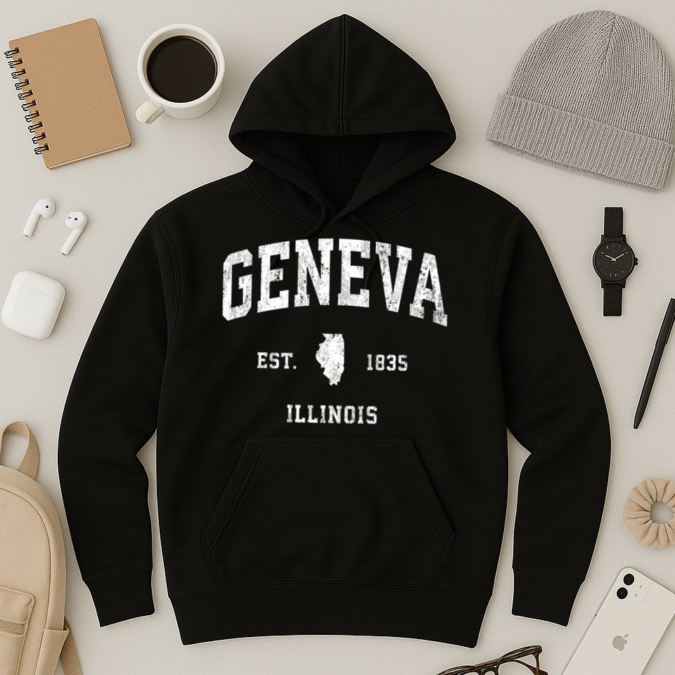 Geneva Illinois Il Vintage Athletic Black Sports Design Hoodie