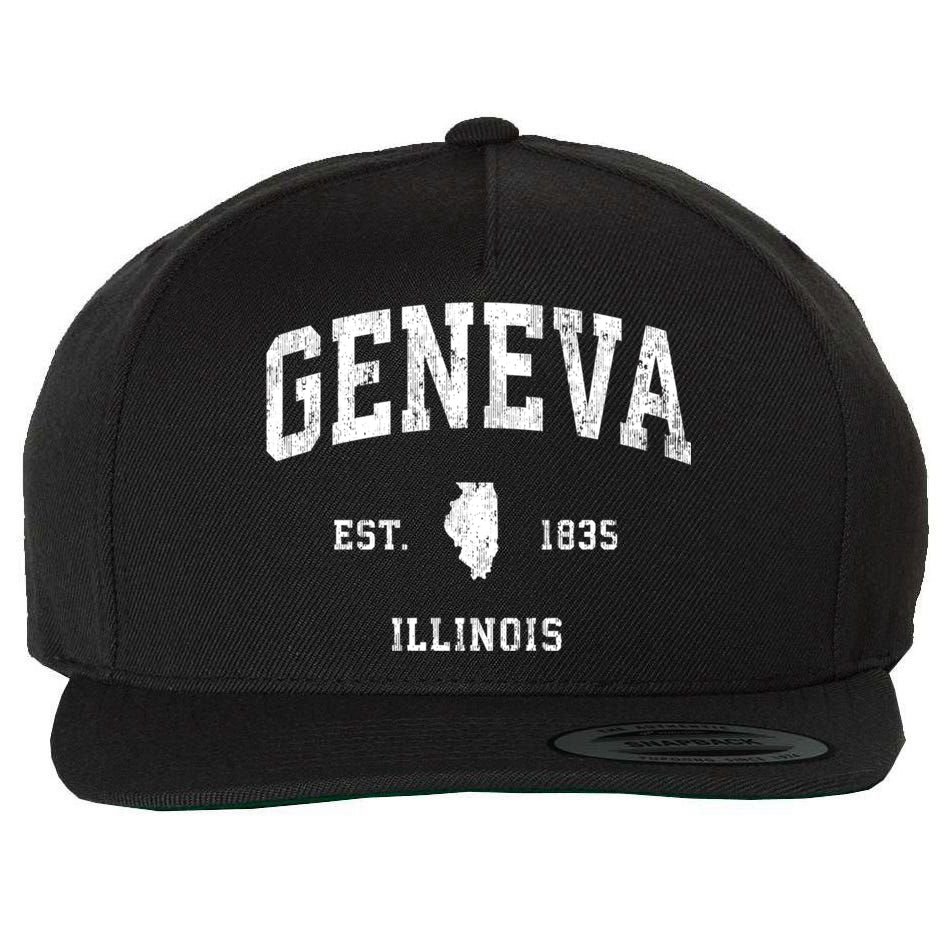 Geneva Illinois Il Vintage Athletic Black Sports Design Wool Snapback Cap