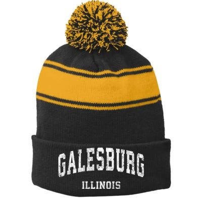 Galesburg Illinois Il Vintage Varsity Sports Design Stripe Pom Pom Beanie