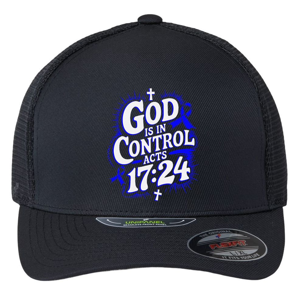 God Is In Control Survivor Juvenile Arthritis Awareness Flexfit Unipanel Trucker Cap
