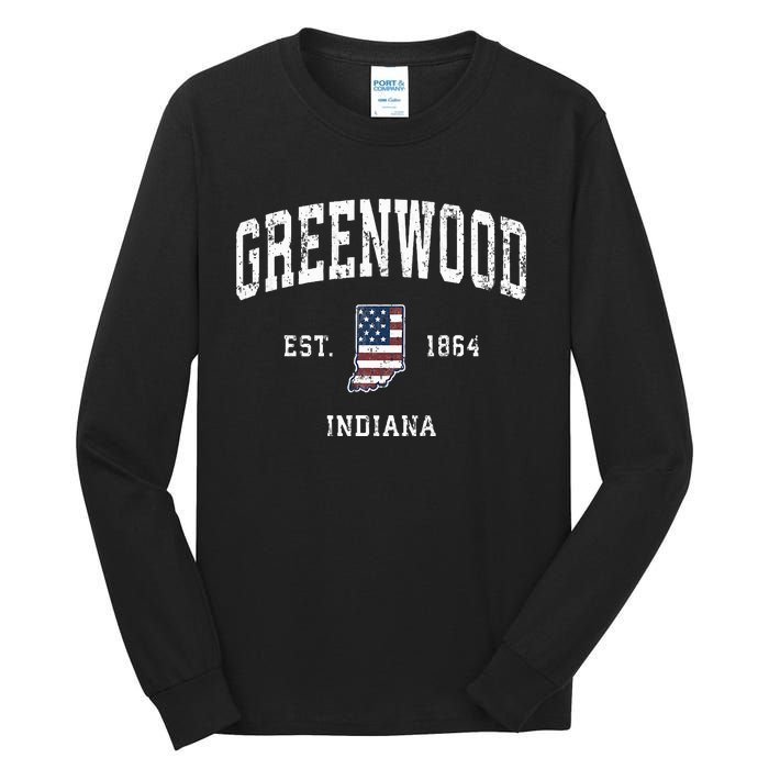 Greenwood Indiana In Vintage American Flag Sports Design Tall Long Sleeve T-Shirt