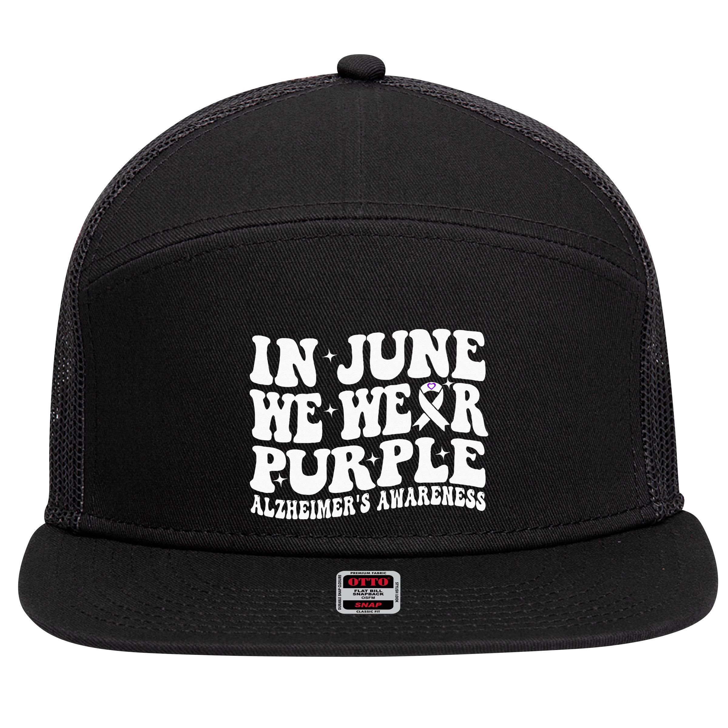 Groovy In June We Wear Purple Alzheimers Awareness 7 Panel Mesh Trucker Snapback Hat