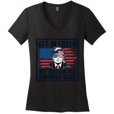 Get In Loser Patriotic Motif Women's V-Neck T-Shirt