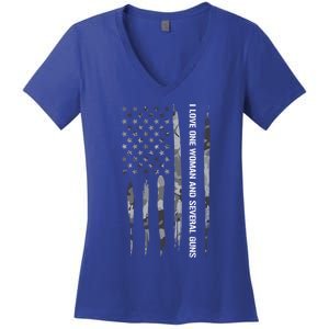 Guns: I Love One And Several Guns Cute Gift American Flag Great Gift Women's V-Neck T-Shirt