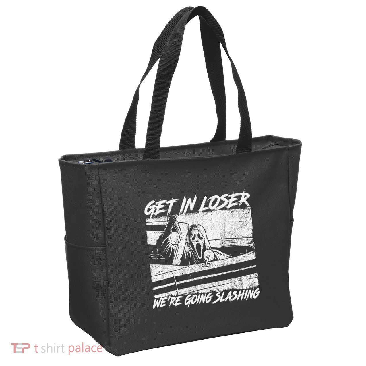 Get In Loser WeRe Going Slashing Horror Halloween Character Zip Tote Bag