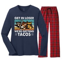 Get In Loser Were Getting Tacos Funny Cat Meme Women's Long Sleeve Flannel Pajama Set 