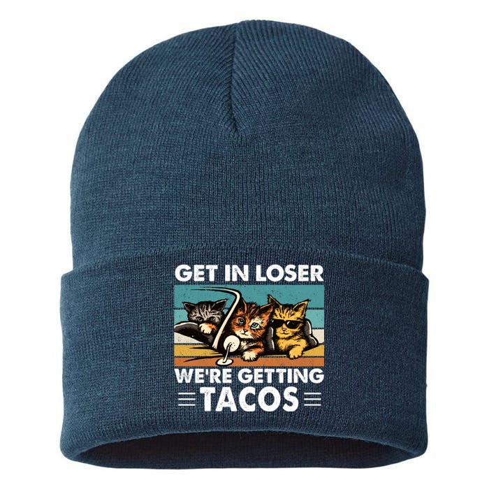 Get In Loser Were Getting Tacos Funny Cat Meme Sustainable Knit Beanie