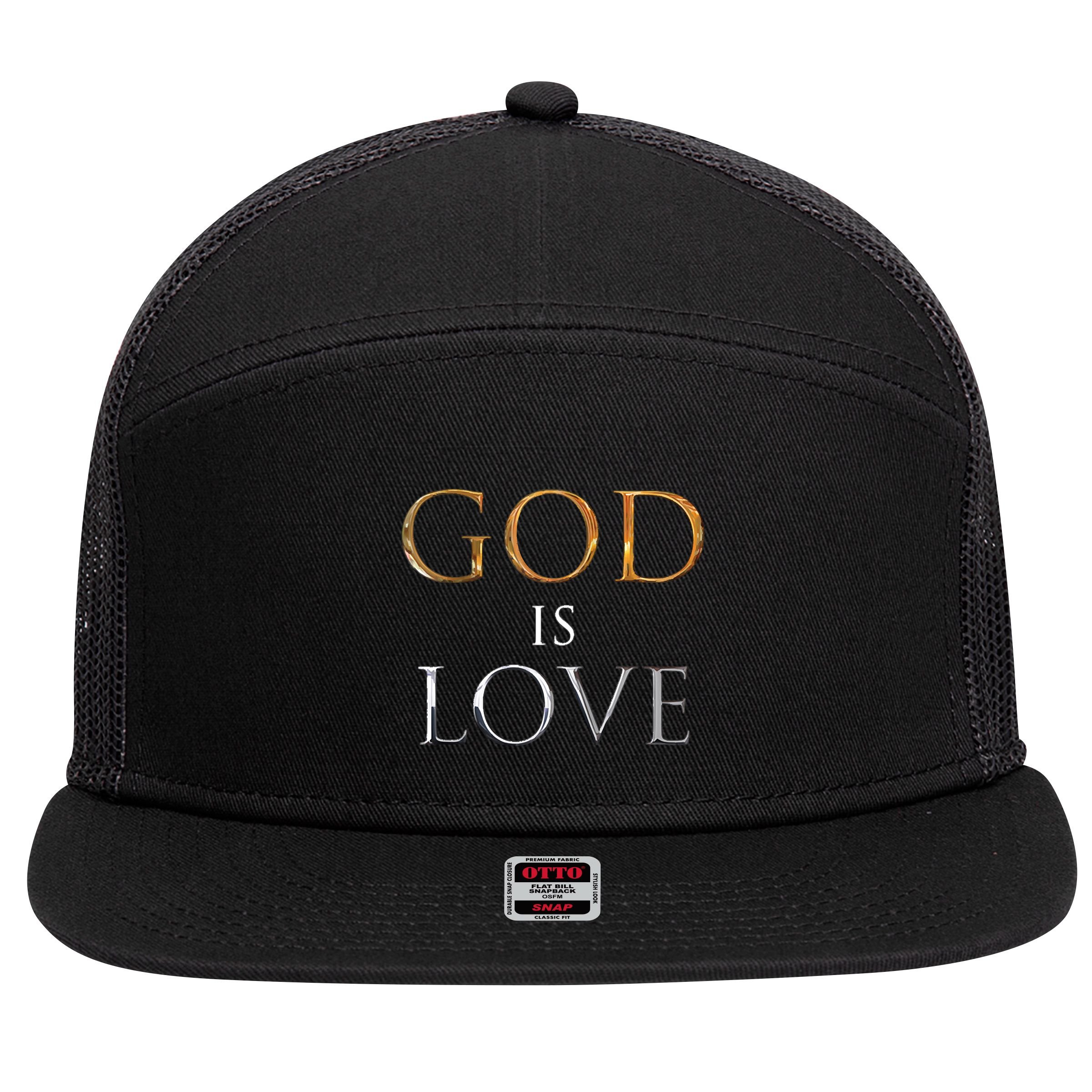 GOD IS LOVE 7 Panel Mesh Trucker Snapback Hat