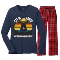 Get In Loser We're Doing Butt Stuff Retro Vintage UFO Sunset Women's Long Sleeve Flannel Pajama Set 