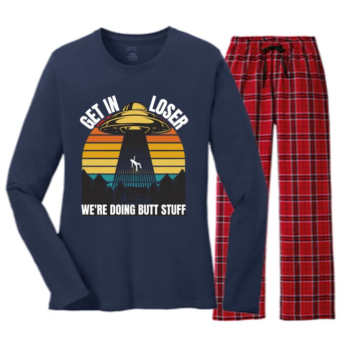 Get In Loser We're Doing Butt Stuff Retro Vintage UFO Sunset Women's Long Sleeve Flannel Pajama Set 