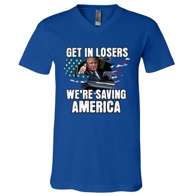 Get In Loser WeRe Saving America Trump American Flag Great Gift V-Neck T-Shirt