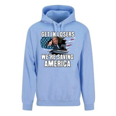 Get In Loser WeRe Saving America Trump American Flag Great Gift Unisex Surf Hoodie