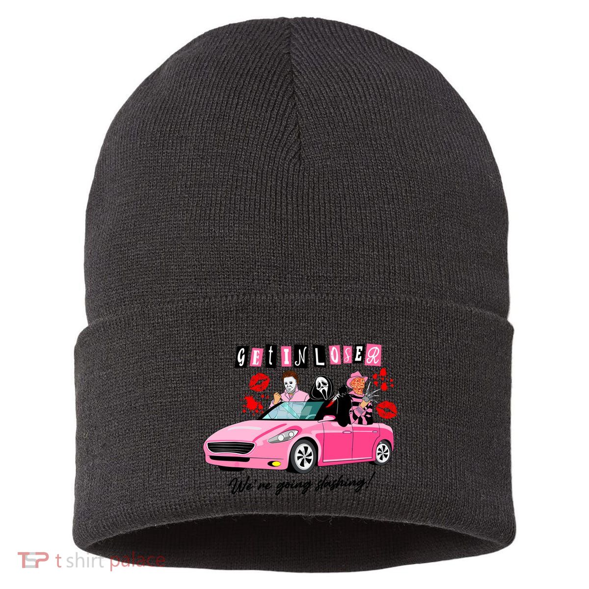 Get In Loser Were Going Slashing Pink Car Horror Character Sustainable Knit Beanie