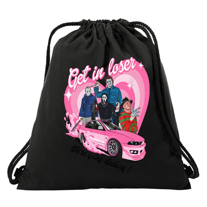 Get In Loser WeRe Going Slashing Pink Car Horror Character Drawstring Bag