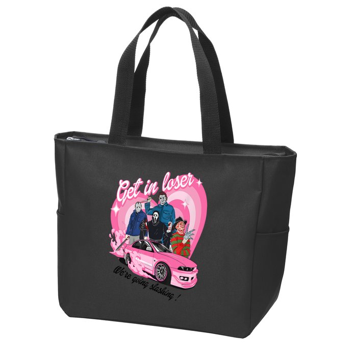 Get In Loser WeRe Going Slashing Pink Car Horror Character Zip Tote Bag