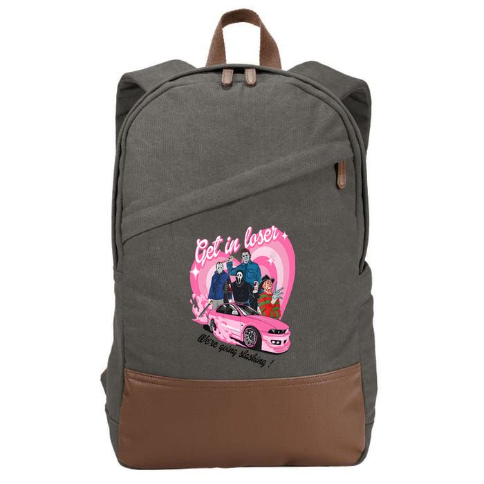 Get In Loser WeRe Going Slashing Pink Car Horror Character Cotton Canvas Backpack