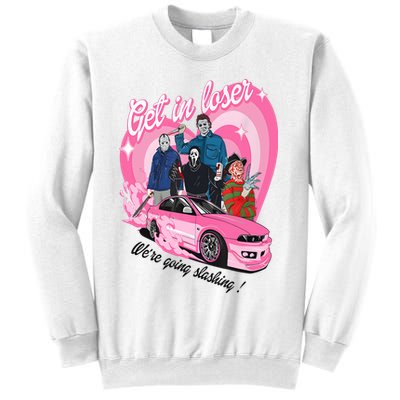 Get In Loser WeRe Going Slashing Pink Car Horror Character Sweatshirt
