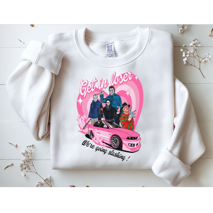 Get In Loser WeRe Going Slashing Pink Car Horror Character Sweatshirt