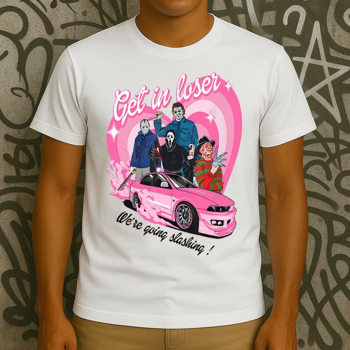 Get In Loser WeRe Going Slashing Pink Car Horror Character T-Shirt