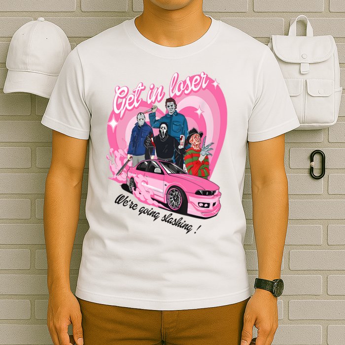 Get In Loser WeRe Going Slashing Pink Car Horror Character T-Shirt