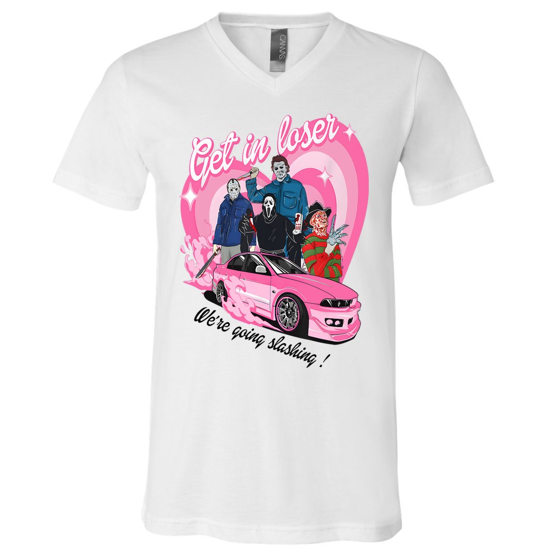 Get In Loser WeRe Going Slashing Pink Car Horror Character V-Neck T-Shirt