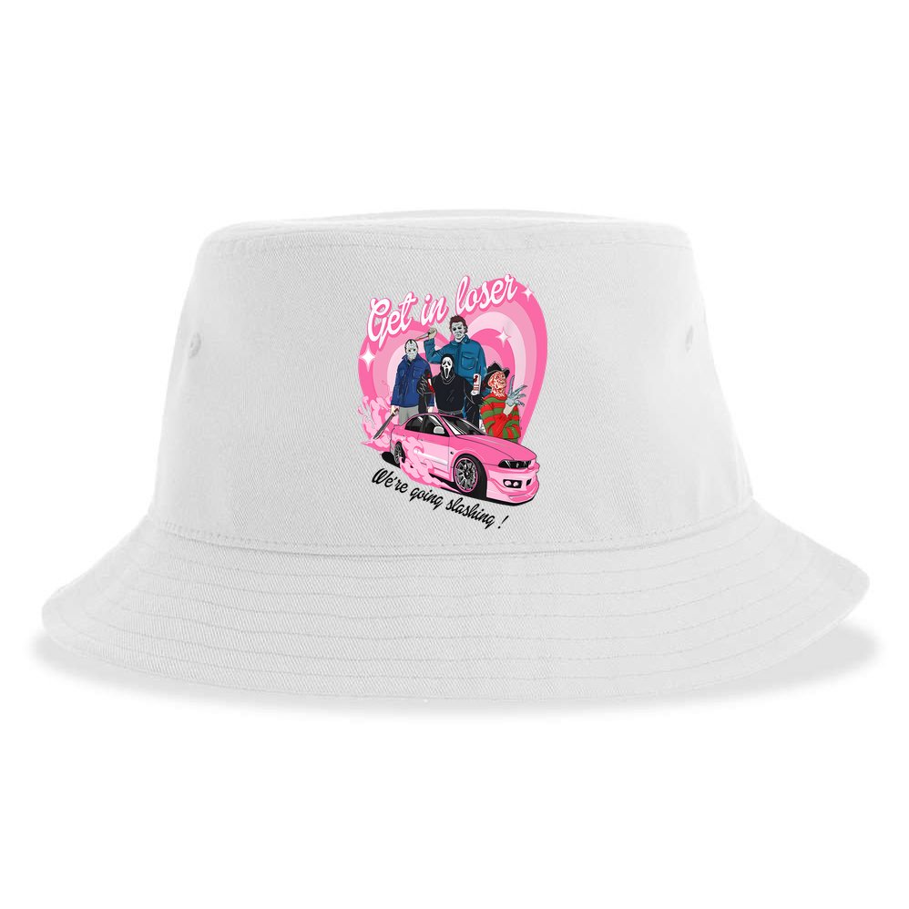 Get In Loser WeRe Going Slashing Pink Car Horror Character Sustainable Bucket Hat